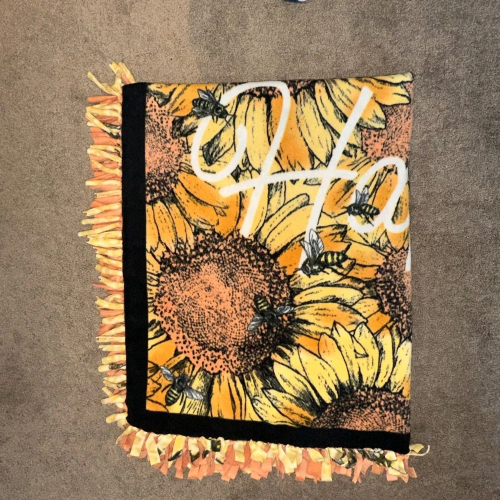 Homemade Sunflower Bee Happy Honeycomb Fringed Throw Blanket Yellow Black 60x50